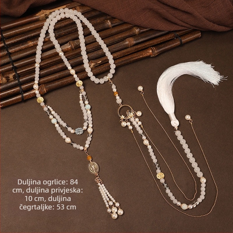 Unisex ogrlica Hanfu s privjeskom u obliku konjske glave, resice, Ming stil dugovječnosti, U-oblik dizajn, stakleni privjesak, lanac s kuglicama 81 cm i više