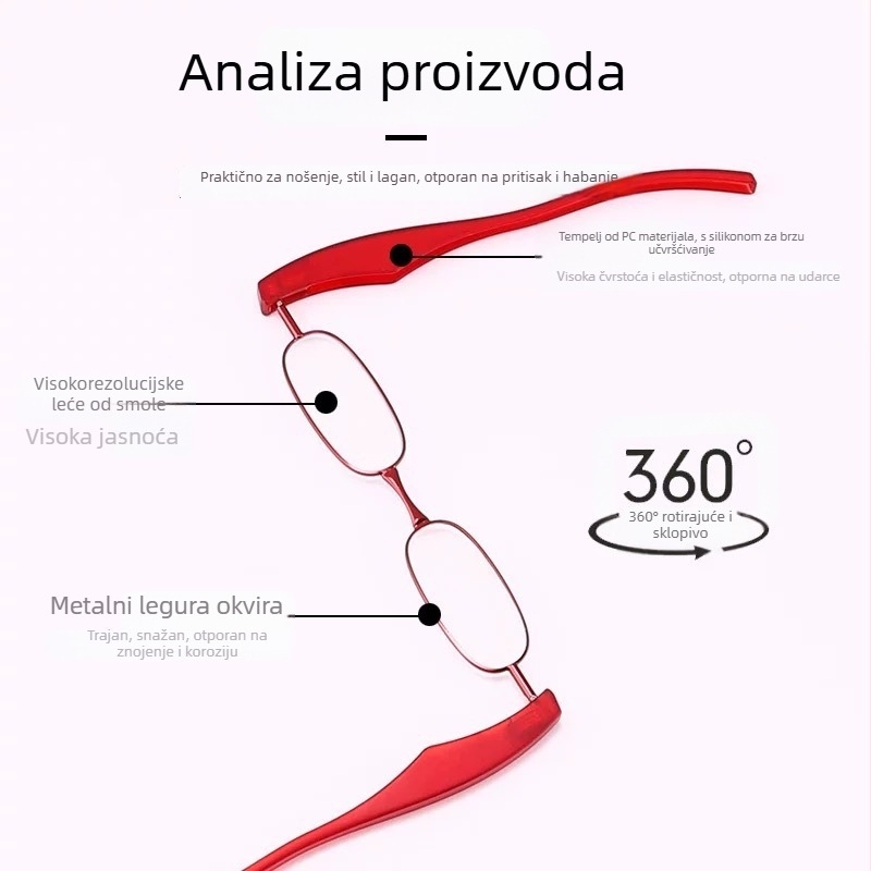 Naočale za čitanje s punim okvirom, 360° rotirajuće sklopne Cross-Mirror, HD leće, kompaktne i prenosne, raspon kutova 100–350°