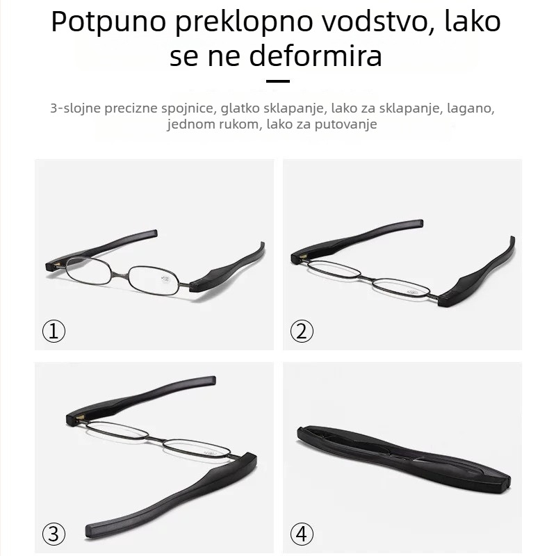 Naočale za čitanje s punim okvirom, 360° rotirajuće sklopne Cross-Mirror, HD leće, kompaktne i prenosne, raspon kutova 100–350°