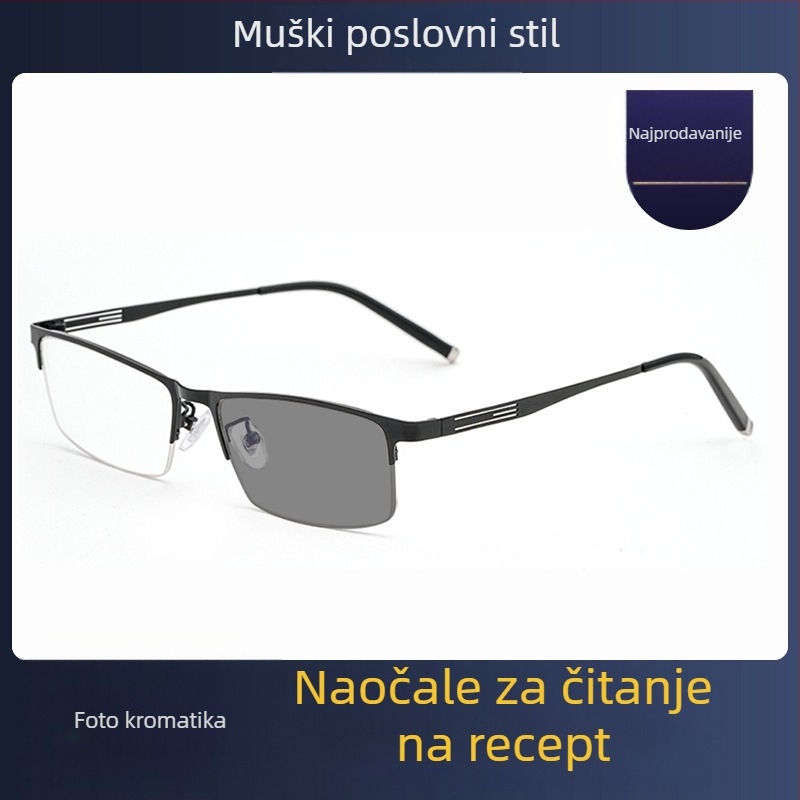 Poluokvirne naočale, boja koja se mijenja, okvir od legure, leće od smole za kratkovidnost i presbiopiju, dvostruka upotreba kao sunčane naočale