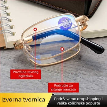 Presbiopijske naočale za čitanje s zaštitom od plavog svjetla, bifokalne leće, PC leće, metalni okvir, sklopiva kutija