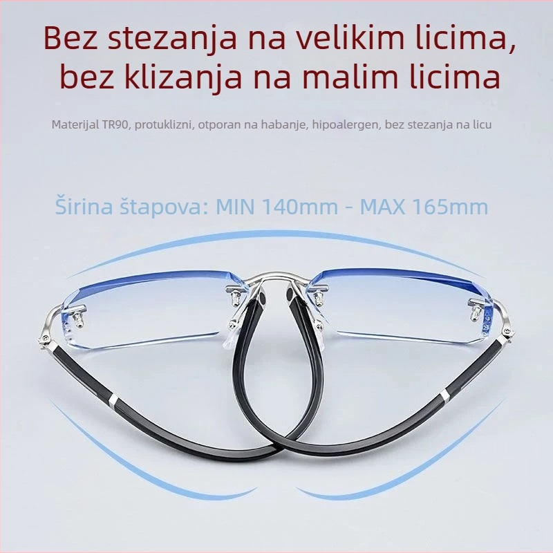Muške presbiopijske naočale za čitanje – bez okvira, četvrtasta rama, PC leće, zaštita od plave svijetlosti, metalni okvir