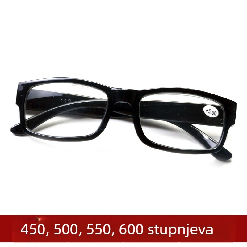 Crne naočale za čitanje s okvirom od smole, unisex, akrilne leće, ovalni puni okvir, 4.50–6.00D
