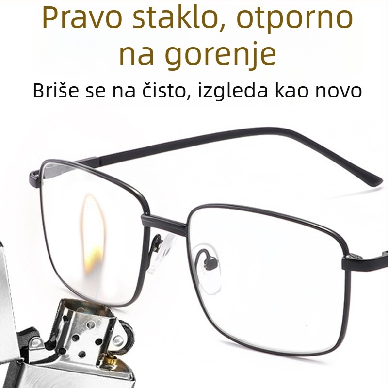 Čitačke naočale s staklenim lećama, kompletan okvir, kvadratnog oblika, metalni okvir, svestran i jednostavan stil za starije muškarce