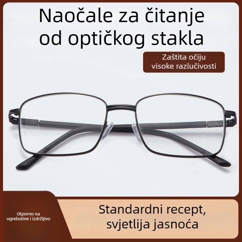 Čitačke naočale s staklenim lećama, kompletan okvir, kvadratnog oblika, metalni okvir, svestran i jednostavan stil za starije muškarce