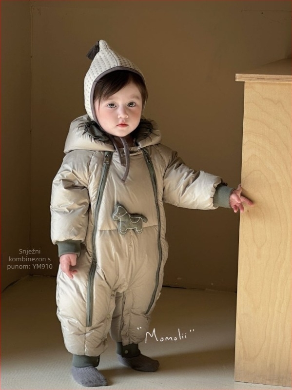 Dječji down jumpsuit u korejskom stilu, s punilom od gusjih pera (86–90%), unisex, odvojiva kapuljača, zimska odjeća