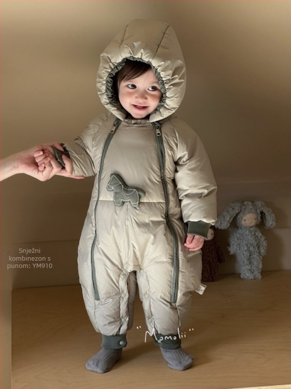 Dječji down jumpsuit u korejskom stilu, s punilom od gusjih pera (86–90%), unisex, odvojiva kapuljača, zimska odjeća