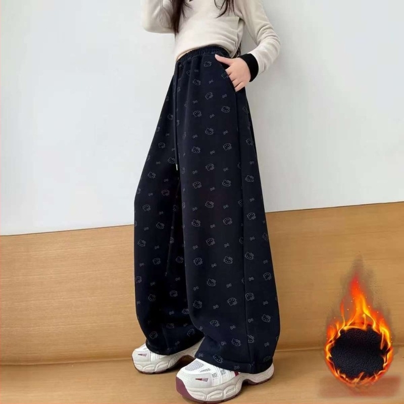Dječje zimske hlače s fleece-om, korejski stil casual, s motivom crtane djevojčice