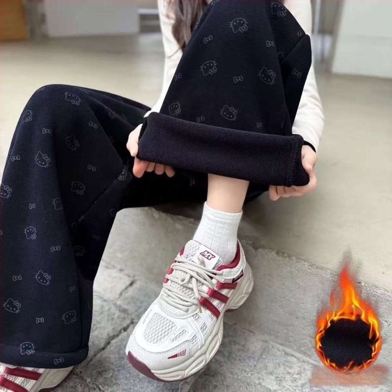 Dječje zimske hlače s fleece-om, korejski stil casual, s motivom crtane djevojčice