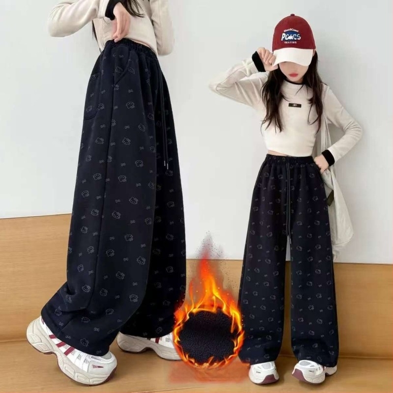 Dječje zimske hlače s fleece-om, korejski stil casual, s motivom crtane djevojčice
