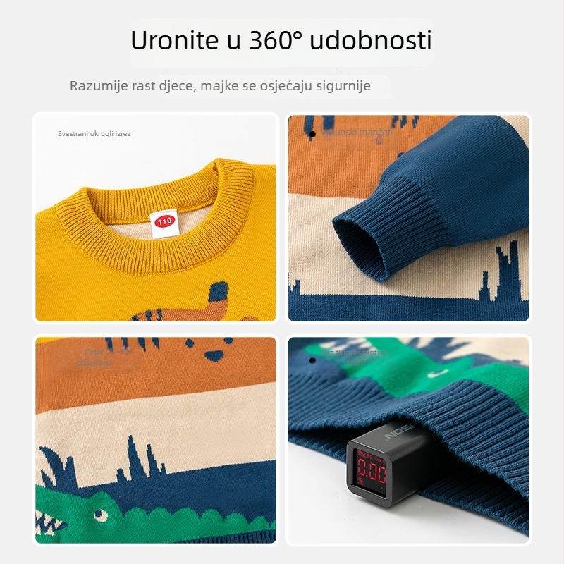 Dječji dvostruko slojeviti pleteni pulover s jacquard uzorkom životinja, pamuk-poliester smjesa, okrugli izrez, dugi rukavi