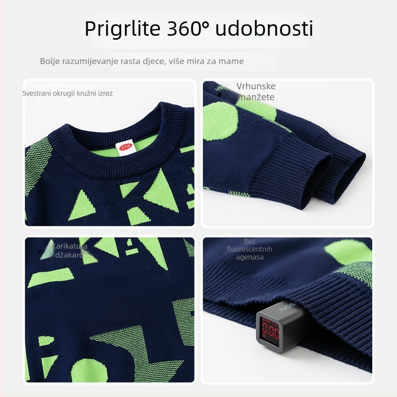 Dječji pleteni džemper s abstraktnim uzorkom, topao i debeli pamuk-poliester blend (67% pamuk, 33% poliester), okrugli izrez, dugi rukavi, preppy stil