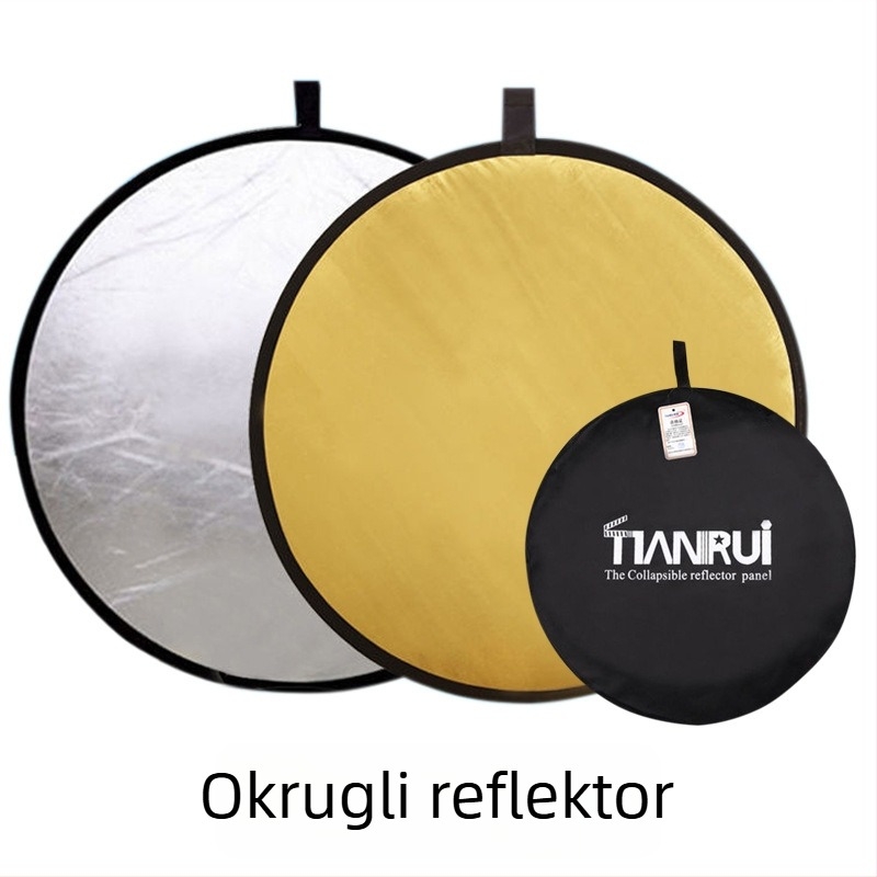 Pet u jednom dvostrani reflektor, sklopivi i prijenosni za profesionalnu fotografiju, okrugli, reflektivna tkanina.