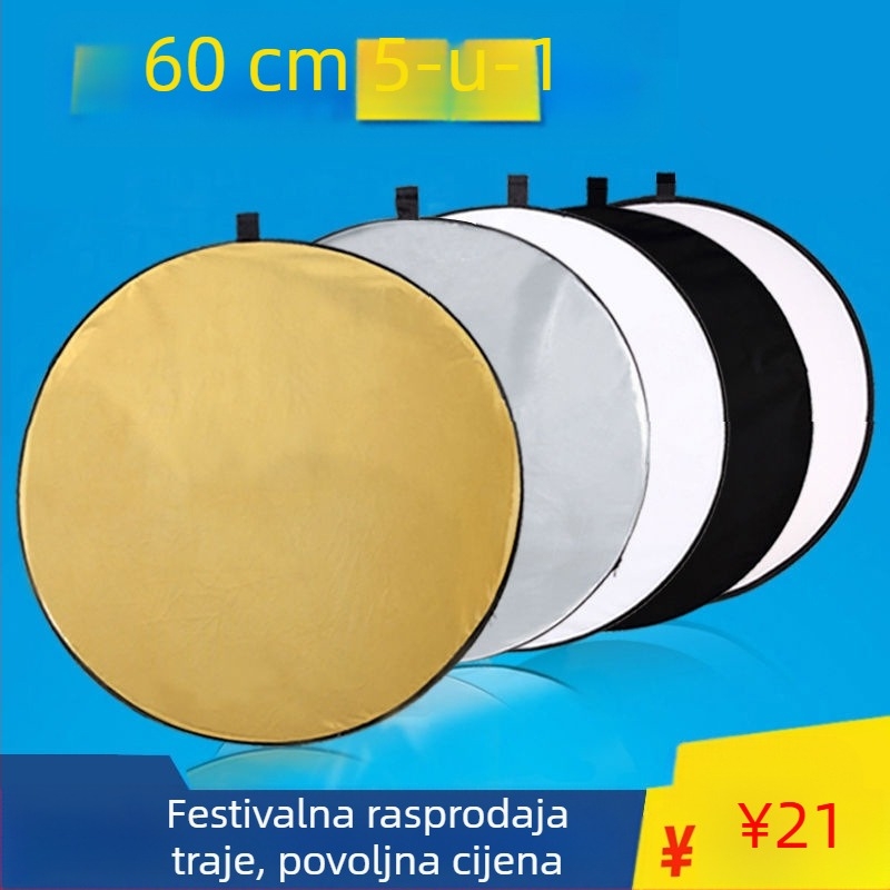 Pet u jednom dvostrani reflektor, sklopivi i prijenosni za profesionalnu fotografiju, okrugli, reflektivna tkanina.
