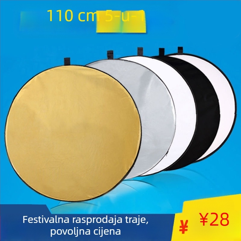 Pet u jednom dvostrani reflektor, sklopivi i prijenosni za profesionalnu fotografiju, okrugli, reflektivna tkanina.