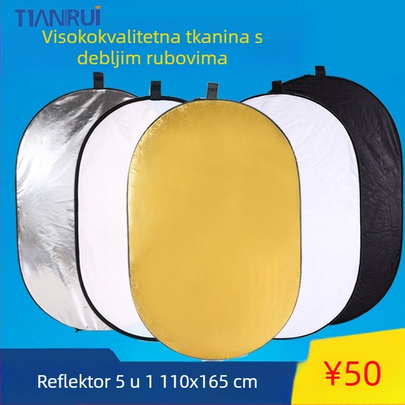 Pet u jednom dvostrani reflektor, sklopivi i prijenosni za profesionalnu fotografiju, okrugli, reflektivna tkanina.