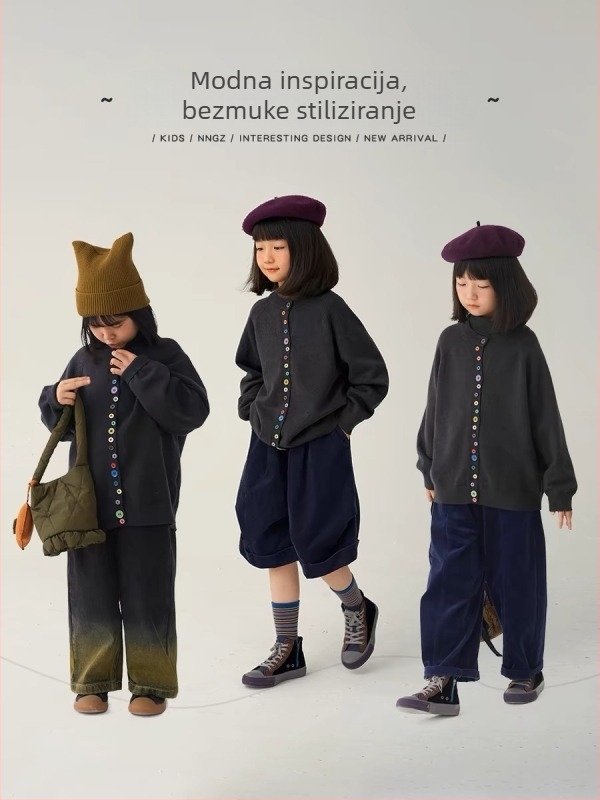 Kardigan za djevojčice s dizajnerskim stilom, korejski model, dugi rukav, okrugli ovratnik, jednostruka kopča, velur vlakno s akrilom, jesen 2024