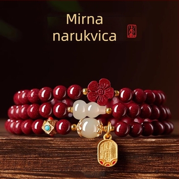 Ženski narukvica od cinnabara s tri kruga Budha perlica, blagoslov i zaštita, dizajn od kristalnog pijeska s ljubičasto-zlatim pijescem