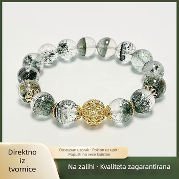 Narukvica od zelenog fantom kristala sa šťastnim perlama, privlači blagostanje, jednostavan dizajn