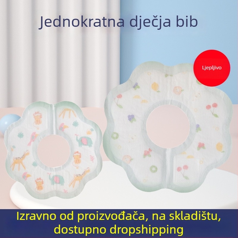 Jednokratni okrugli dječji ubrus za prehranu, vodootporan ne-tkani materijal, motiv životinja/crtići, pogodan za dojenčad i malu djecu