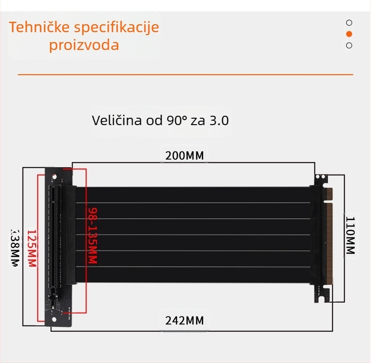 PCIe 3.0 GPU produžni kabel, patch kabel, PCIe x16, kutovi 180° i 90°, model CX26, prijenos podataka 16GB