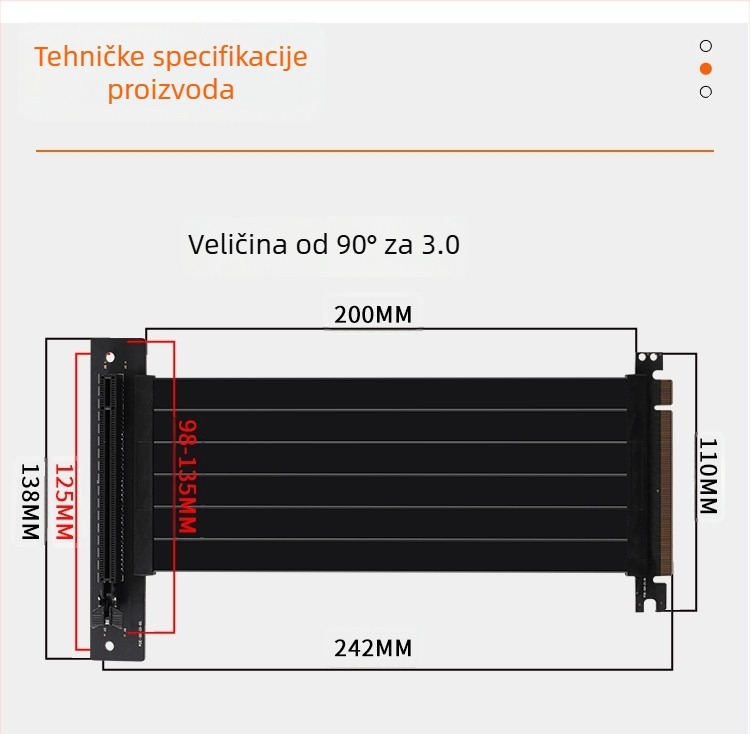 PCIe 3.0 GPU produžni kabel, patch kabel, PCIe x16, kutovi 180° i 90°, model CX26, prijenos podataka 16GB