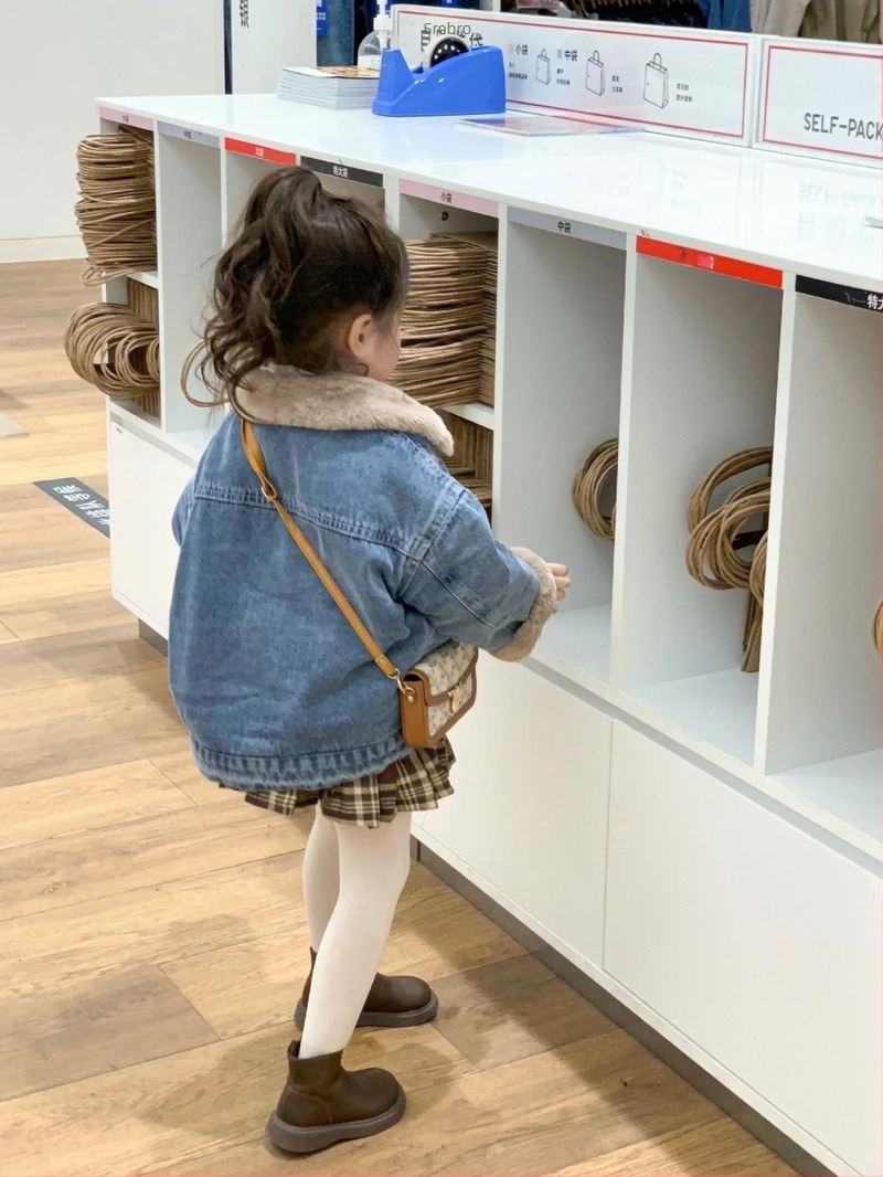 Dječja džins jakna s toplom fleece podstavom, korejskog stila, bez kapulje, dugi rukavi