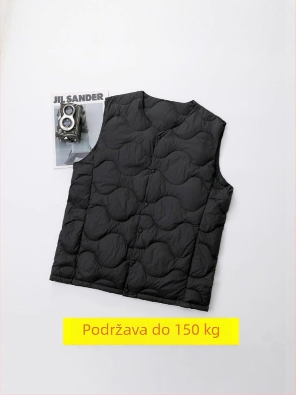 Muška down vesta, lagana, okrugli ovratnik, jednodjelno zatvaranje, punilo od bijelog patka pera, podstava od najlona