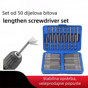 Električni odvijač s produženim setom bitova: trokutasti, križni (Phillips), šesterokutni i unutarnji šesterokutni bitovi s posebnim oblikom; čelik krom-vanadij; 50-dijelni set; za kućnu upotrebu; demontažni alati.