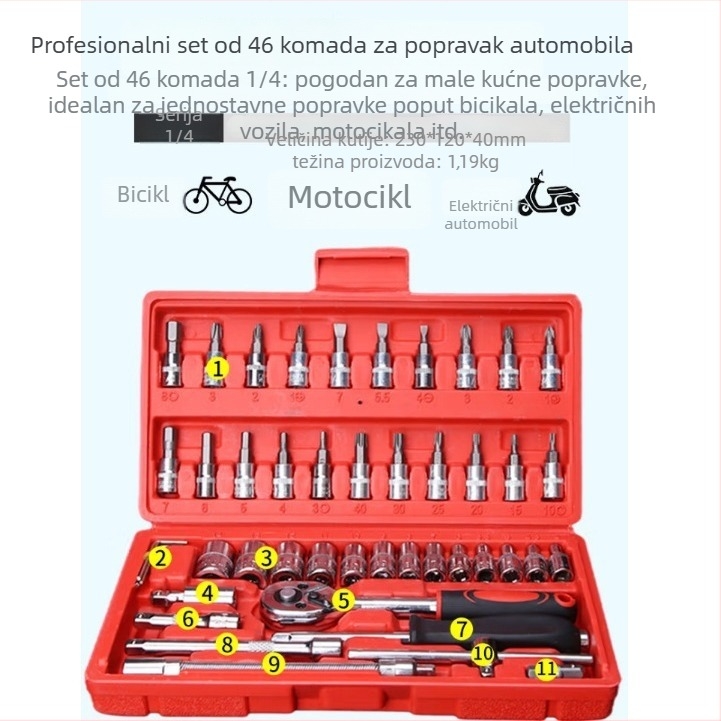 46-dijelni set alata za popravke automobila i kućnih popravaka; od 45# čelika; metričko kućište