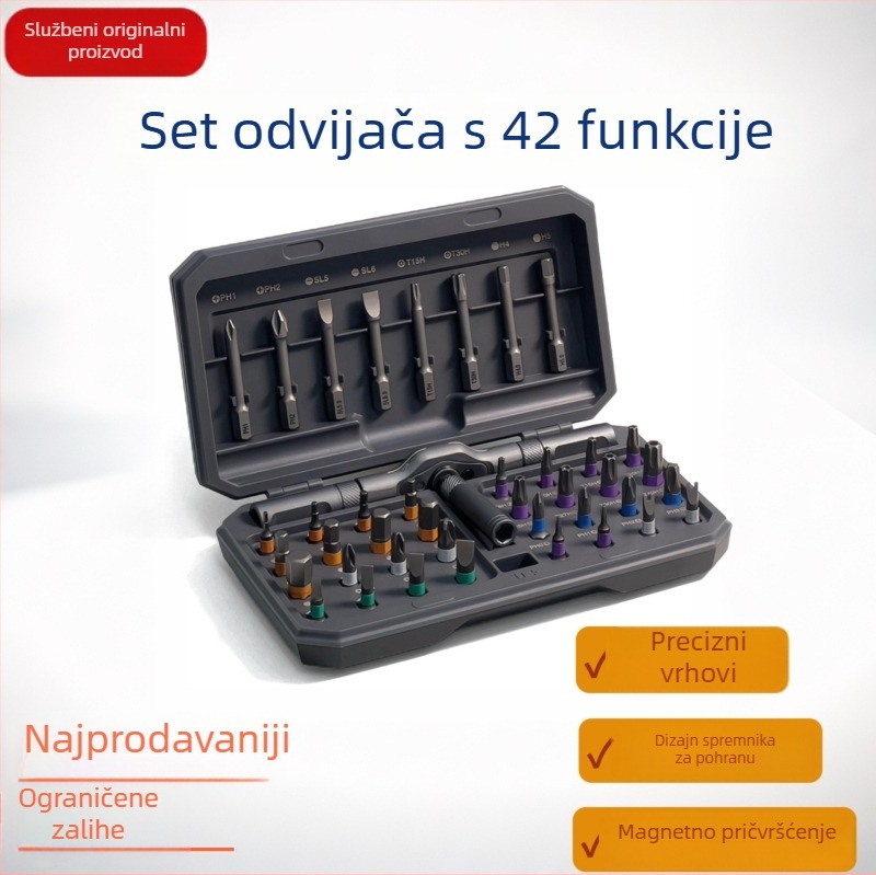 42-u-1 set odvijača s mehanizmom za okretanje za demontažu — magnetska pretinac za bitove, protivklizni držač, odvojivi odvijač s različitim nastavcima (naprijed/natrag)