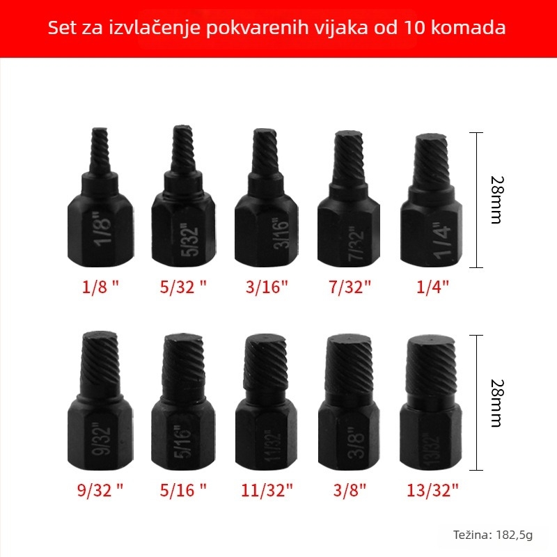 Hex socket extractor za slomljene navoje — krom-vanadij čelik, 10-dijelni set, britanski stil, kućna upotreba