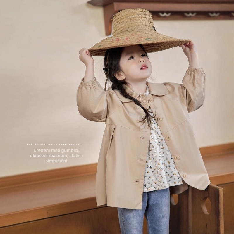 Dječji trench coat s floralnim uzorkom, srednja duljina, okrugli vrat, 3/4 rukavi, PVC tkanina 50–70%