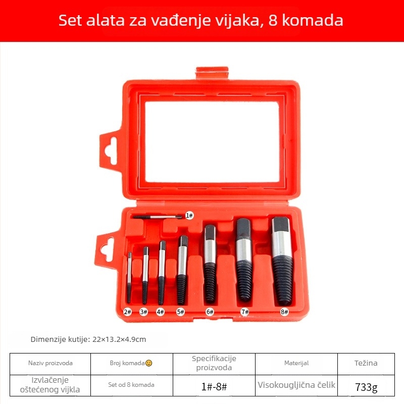 8-dijelni set za vađenje prekinutih vijaka od visokougljične čelika, kućna uporaba, 4–35 mm