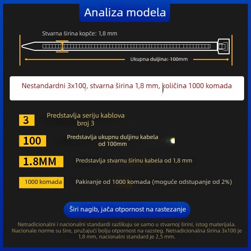 Samozaključavajuće kabelske vezice, PA66, model 3x100 nestandardni, vatrootporna ocjena 0.97