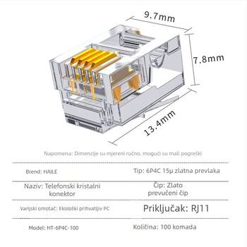 Telefonski kristalni priključek RJ11 6P4C HT-6P4C, HAILE – za telefonske kabele, patch panel i ADSL razdjelnik