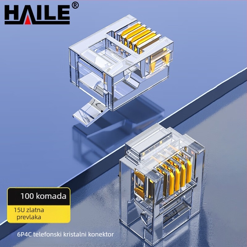Telefonski kristalni priključek RJ11 6P4C HT-6P4C, HAILE – za telefonske kabele, patch panel i ADSL razdjelnik