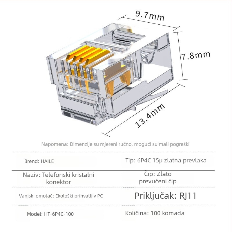 Telefonski kristalni priključek RJ11 6P4C HT-6P4C, HAILE – za telefonske kabele, patch panel i ADSL razdjelnik