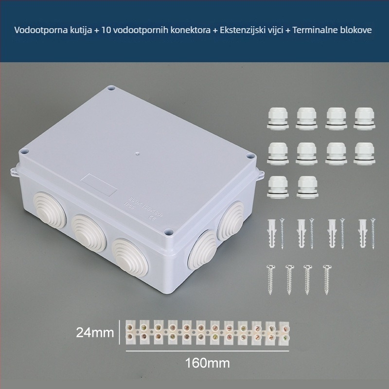 Vanjska vodootporna kutija za električnu distribuciju, ABS poklopac i kućište, IK06 zaštita, lasersko bušenje otvora, ručna ugradnja