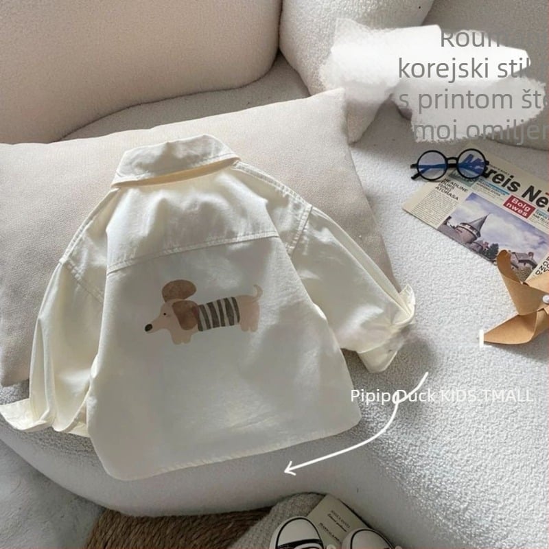 Unisex dječja košulja s otiskom štenca, korejskog stila, dugi rukav, poliester tkanina s blagim tretmanom, proljeće/jesen
