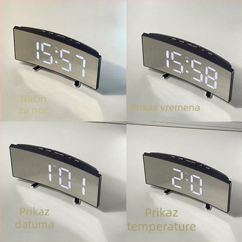 Stolni budilnik s funkcijom odgađanja, napajanjem iz vanjskog izvora, plastično kućište i brojčanik, jednostavan i moderan dizajn.