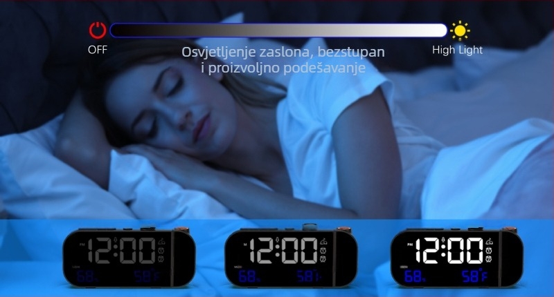 Projekcijski sat s vanjskim napajanjem, plastično kućište i brojčanik, moderni minimalistički stil