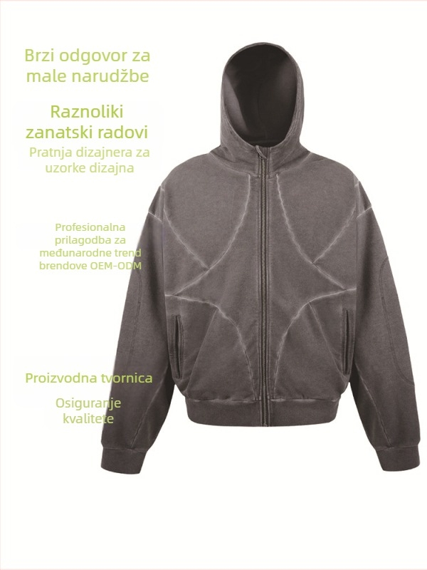 Hooded zip sweatshirt s tiskom slova i patch džepom, široka silueta