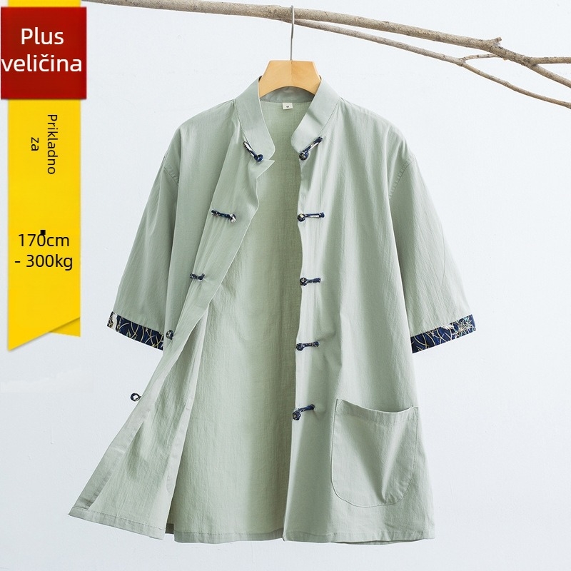 Muška ljetna košulja s kratkim rukavima, kineskog stila, vertikalni kopčasti ovratnik, pamuk-mješavina (65% pamuk)