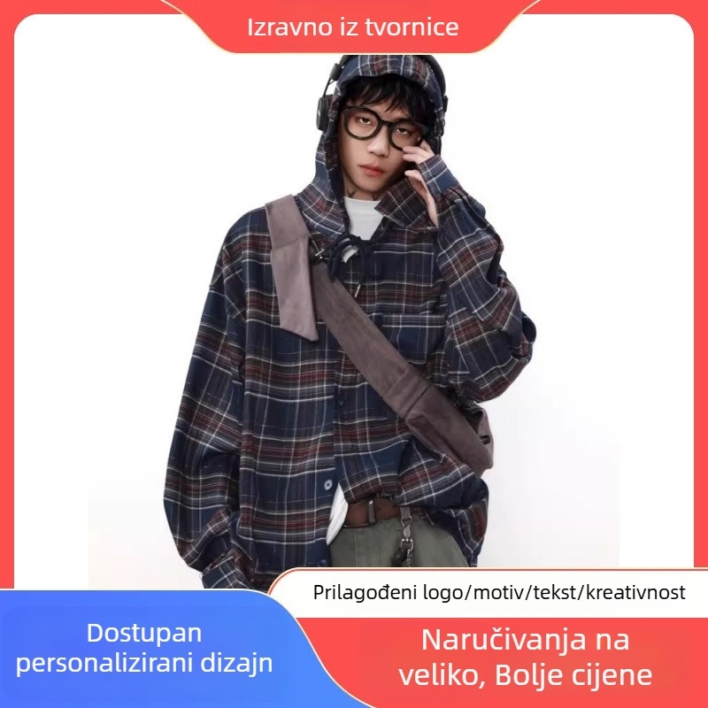 Košulja-kardigan s kariranim uzorkom, dugi rukavi, rever ovratnik, slobodan kroj, poliester