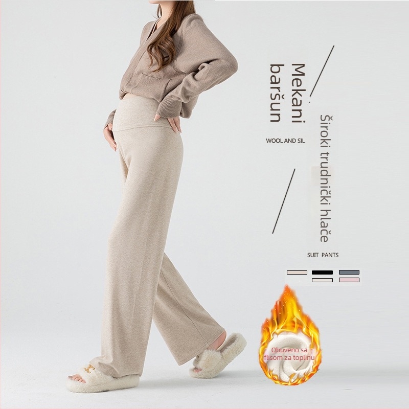 Trudničke hlače za jesen-zimu, široki kroj, mekan pad, 80–90% pamuka, spandeks <30%, mikroelastičnost, 2025