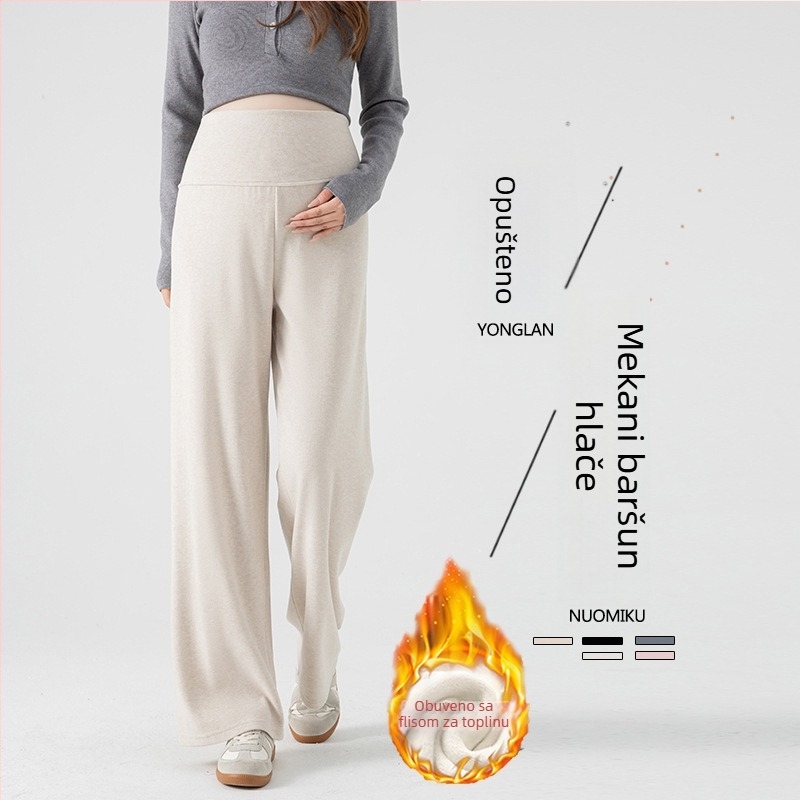 Trudničke hlače za jesen-zimu, široki kroj, mekan pad, 80–90% pamuka, spandeks <30%, mikroelastičnost, 2025