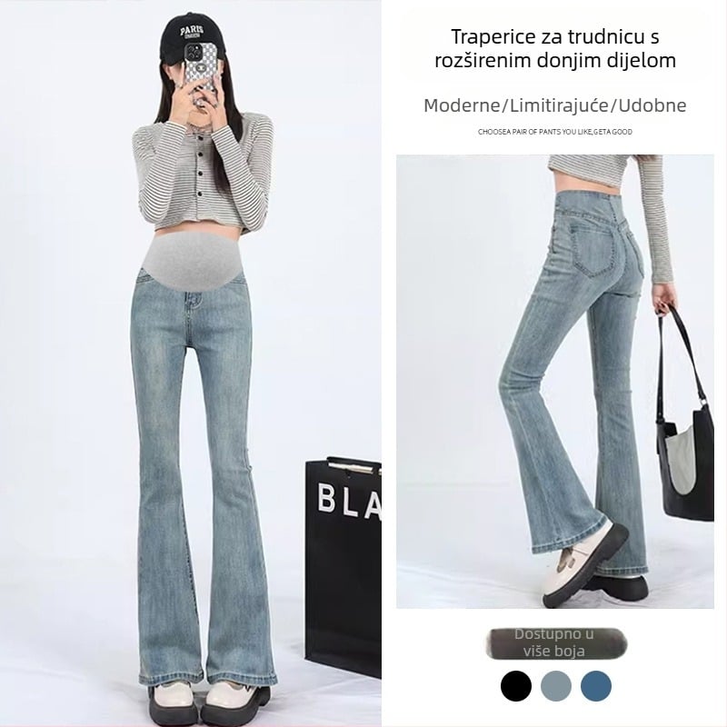 Trudničke hlače od denima s visokim elastičnošću, mikro-flare kroj, podrška za trbuh (Denim 95%+, sve sezone)