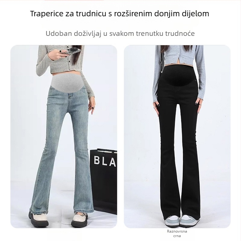 Trudničke hlače od denima s visokim elastičnošću, mikro-flare kroj, podrška za trbuh (Denim 95%+, sve sezone)