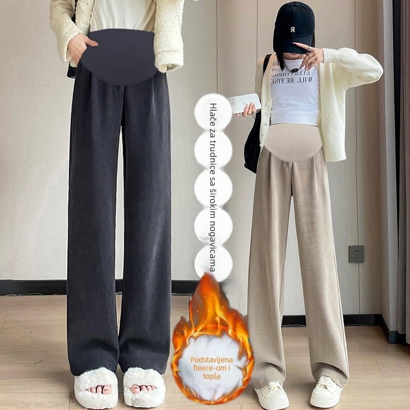 Trudničke hlače, široke nogavice, fleece podstava, pamuk-poliester s elastanom ispod 30%, potpora trbuha, dugo, slobodan kroj (Proljeće 2023)
